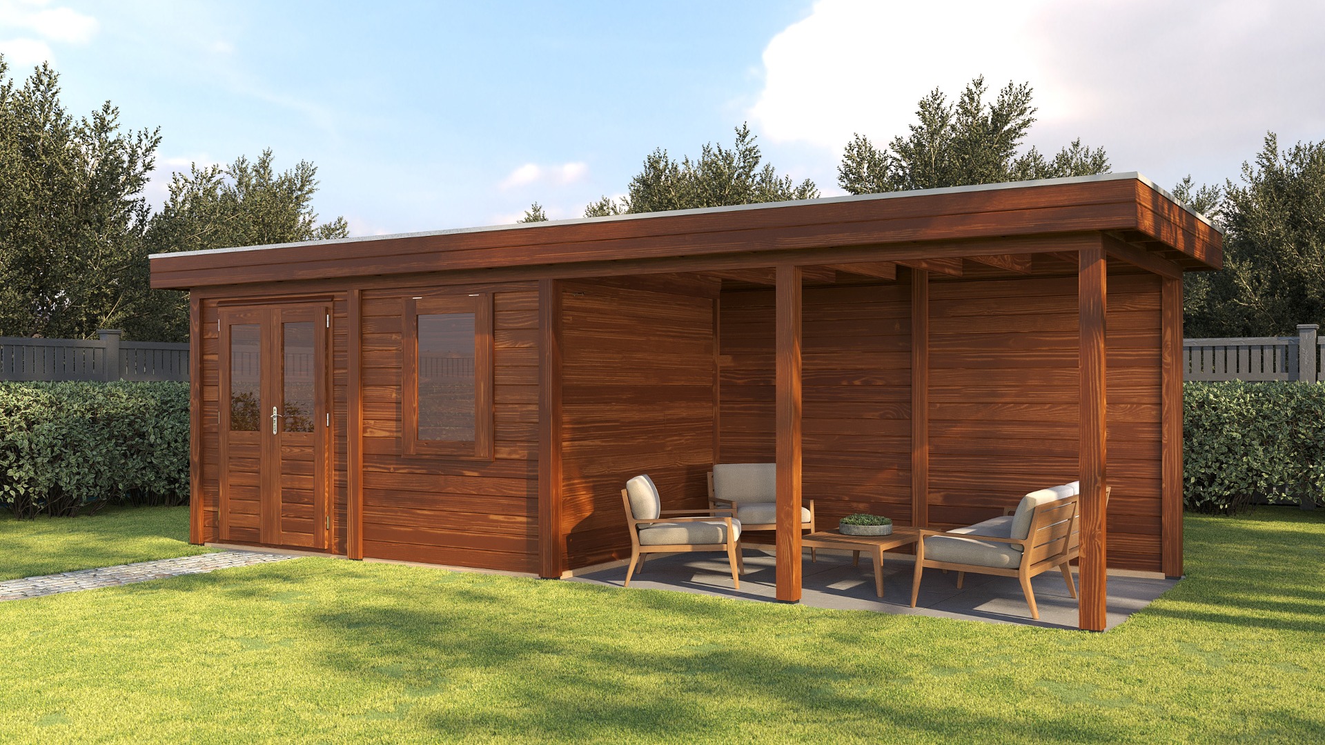 Lugarde Select Modern tuinhuis met overkapping Dronten 388x250cm + 400cm - Bruine olie afbeelding 1