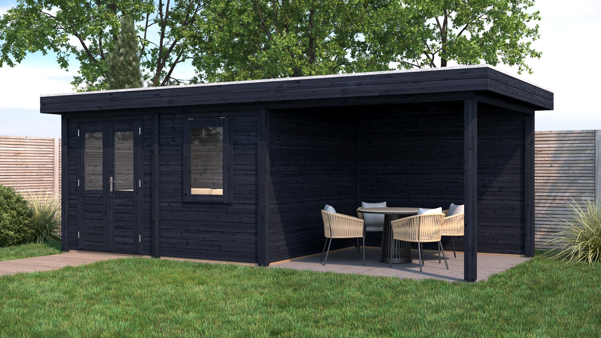 Lugarde Select Modern tuinhuis met overkapping Emmen 388x300cm + 300cm - Zwarte olie afbeelding