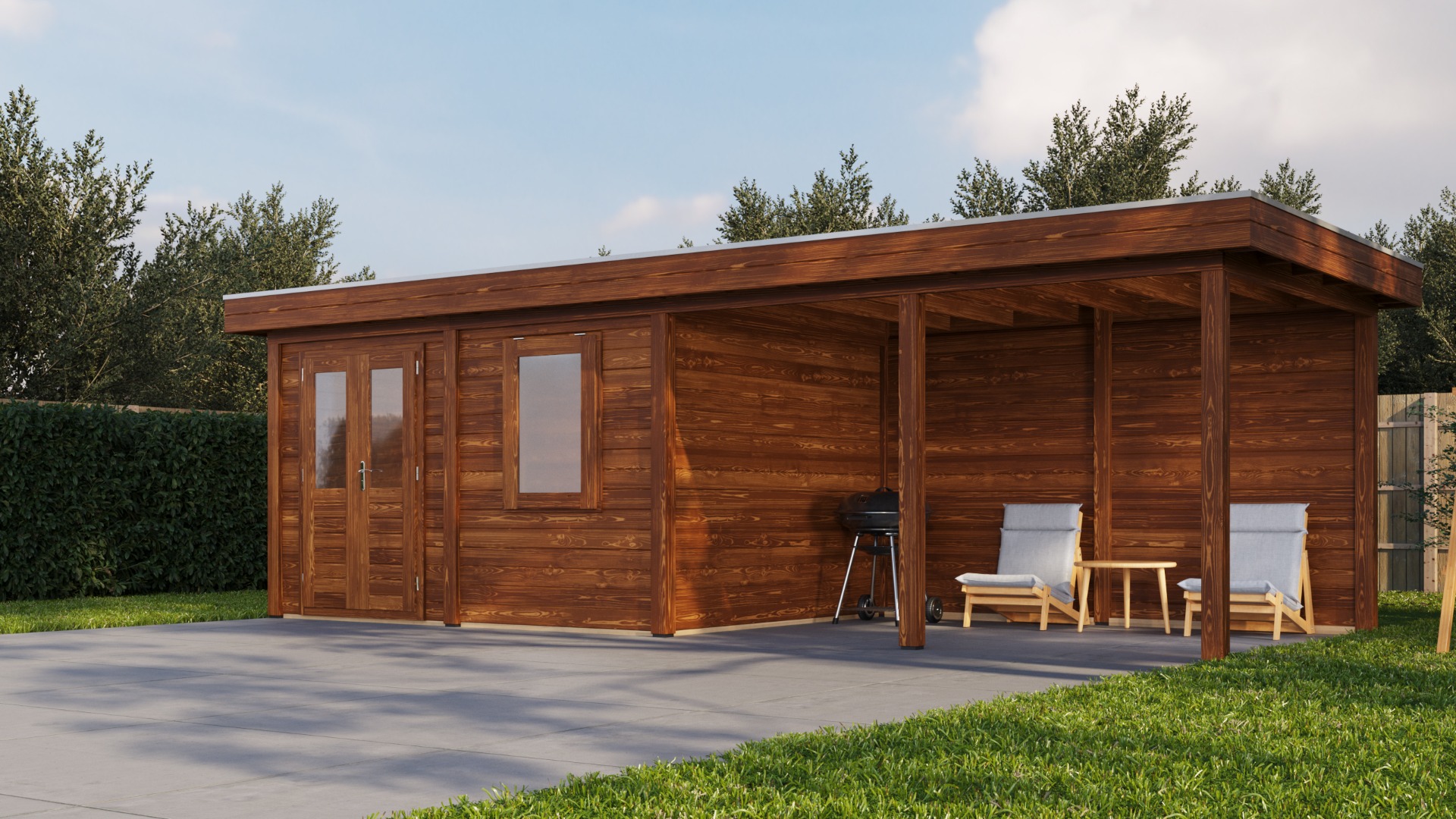 Lugarde Select Modern tuinhuis met overkapping Zutphen 388x300cm + 400cm - Bruine olie afbeelding 1