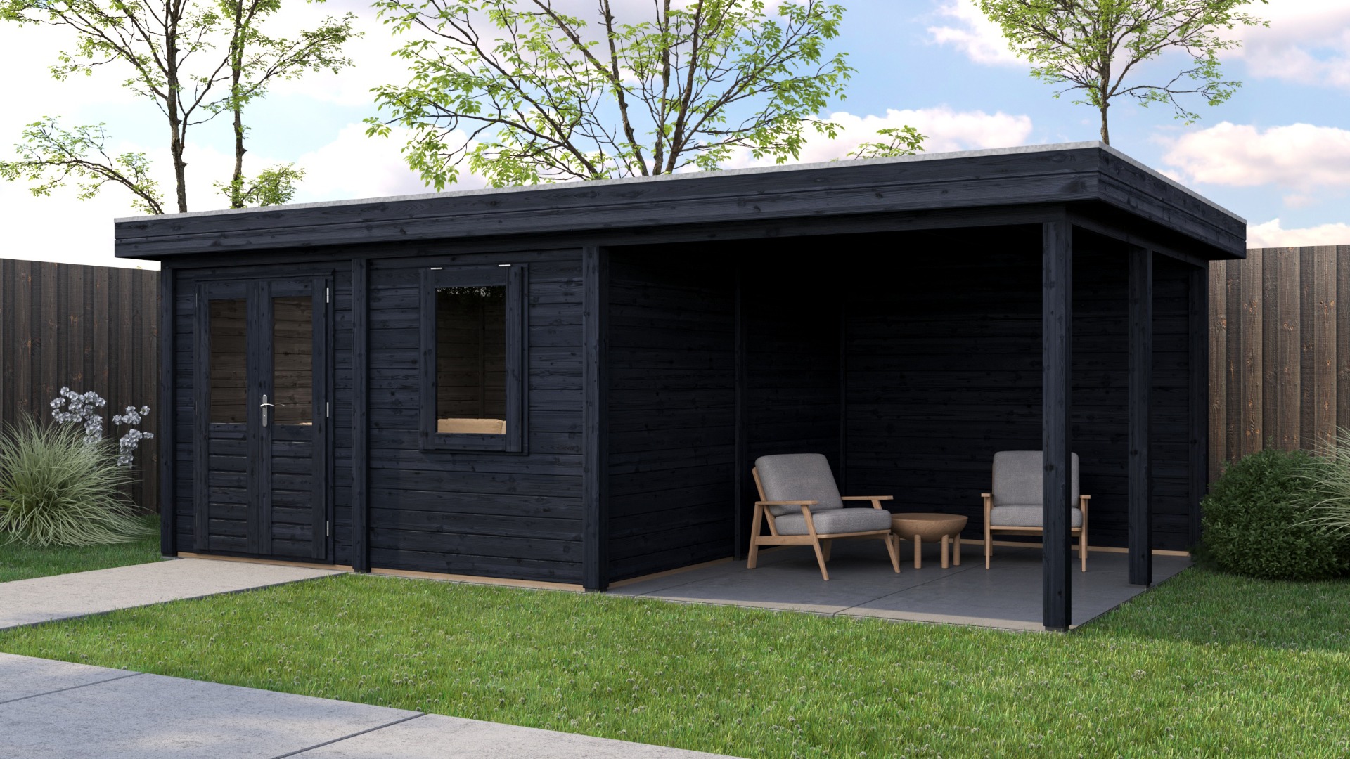 Lugarde Select Modern tuinhuis met overkapping Almere 388x388cm + 300cm - Zwarte olie afbeelding 1