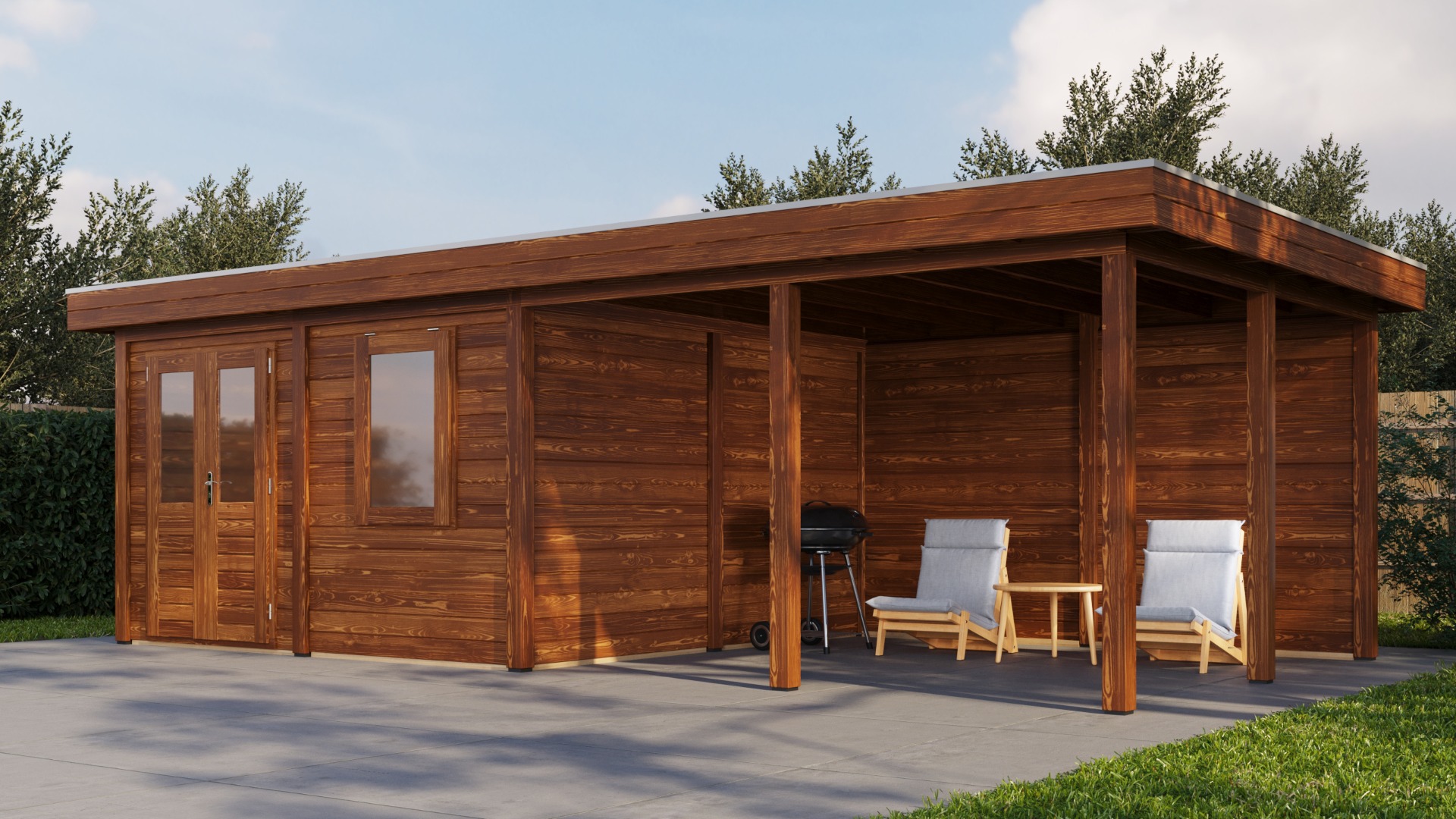 Lugarde Select Modern tuinhuis met overkapping Amstelveen 388x388cm + 400cm - Bruine olie afbeelding
