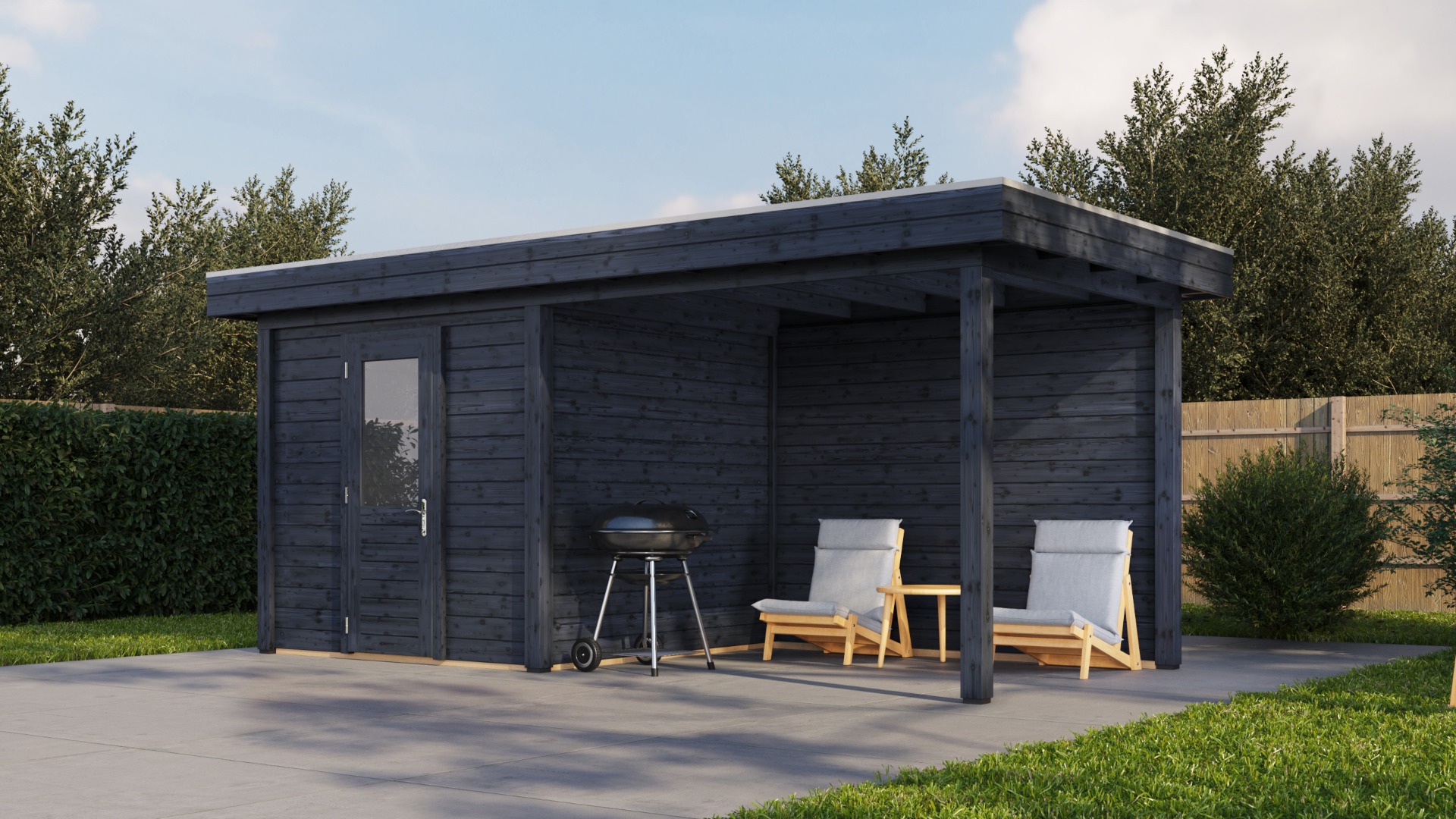 Lugarde Select Modern tuinhuis met overkapping Vught 250x250cm + 300cm - Zwarte olie afbeelding