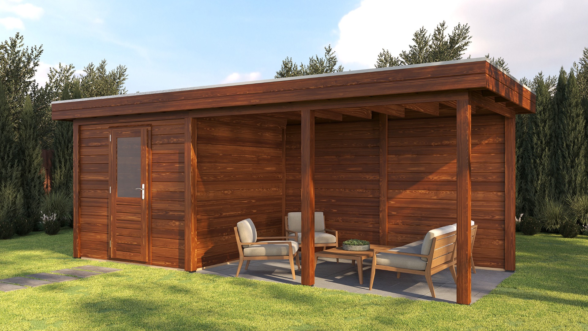 Lugarde Select Modern tuinhuis met overkapping Dordrecht 250x250cm + 400cm - Bruine olie afbeelding