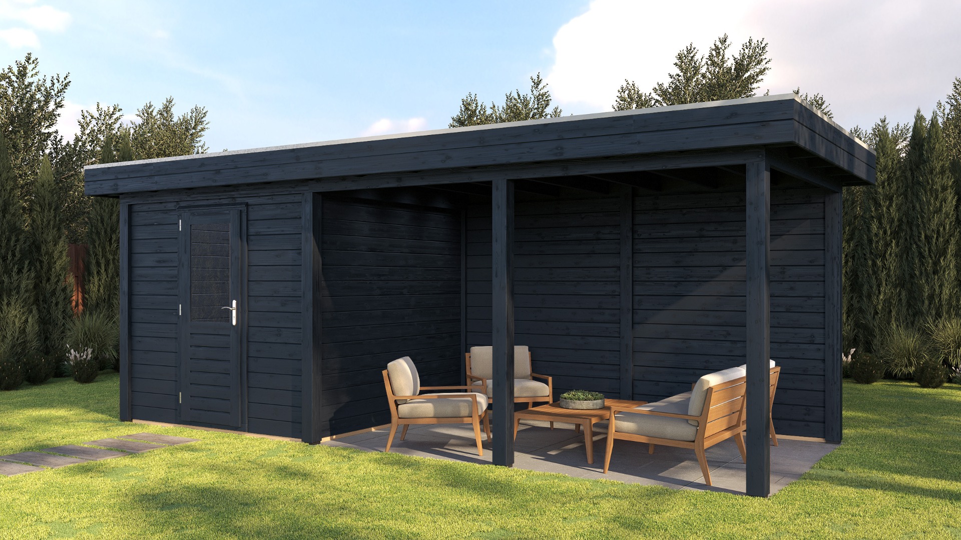 Lugarde Select Modern tuinhuis met overkapping Dordrecht 250x250cm + 400cm - Zwarte olie afbeelding 1