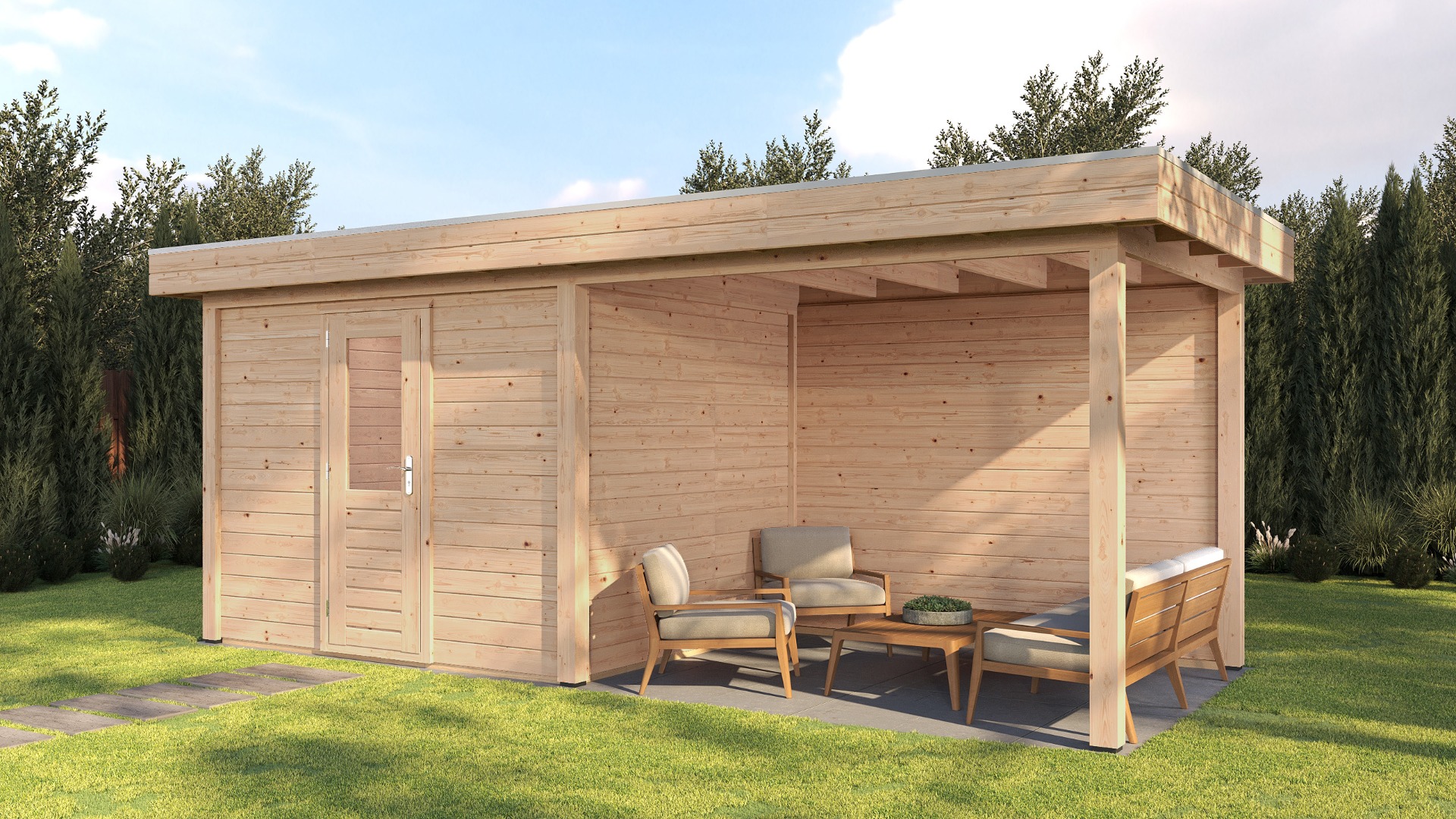 Lugarde Select Modern tuinhuis met overkapping Tilburg 300x250cm + 300cm - Onbehandeld afbeelding