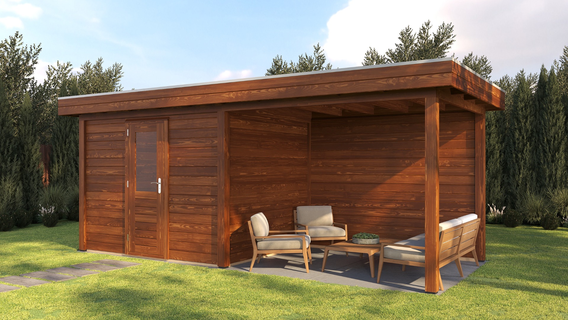 Lugarde Select Modern tuinhuis met overkapping Tilburg 300x250cm + 300cm - Bruine olie afbeelding