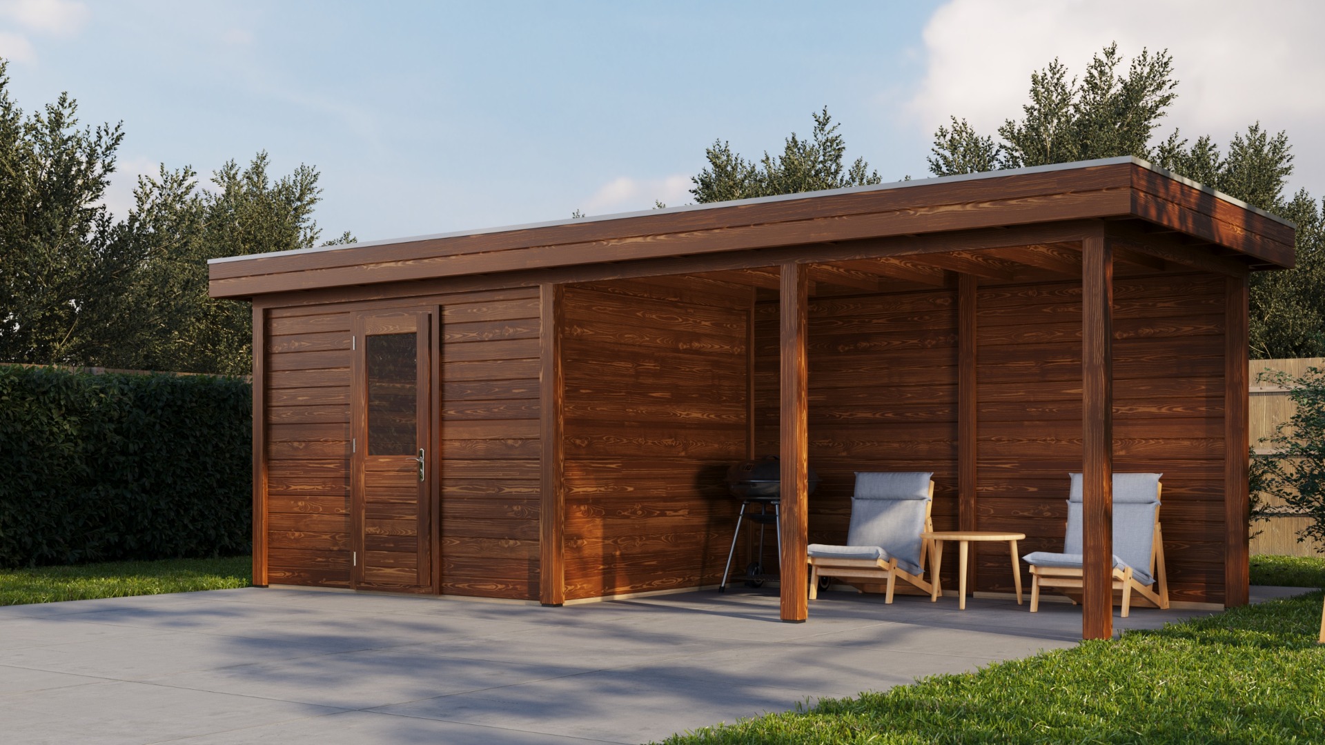 Lugarde Select Modern tuinhuis met overkapping Apeldoorn 300x250cm + 400cm - Bruine olie afbeelding