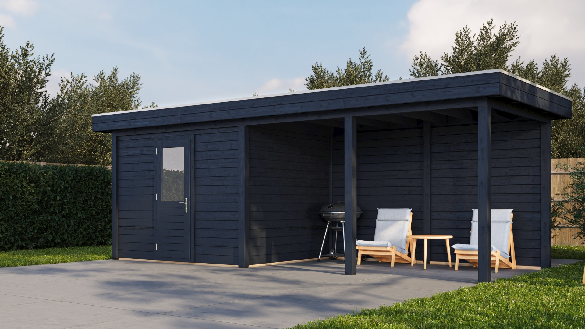 Lugarde Select Modern tuinhuis met overkapping Apeldoorn 300x250cm + 400cm - Zwarte olie afbeelding