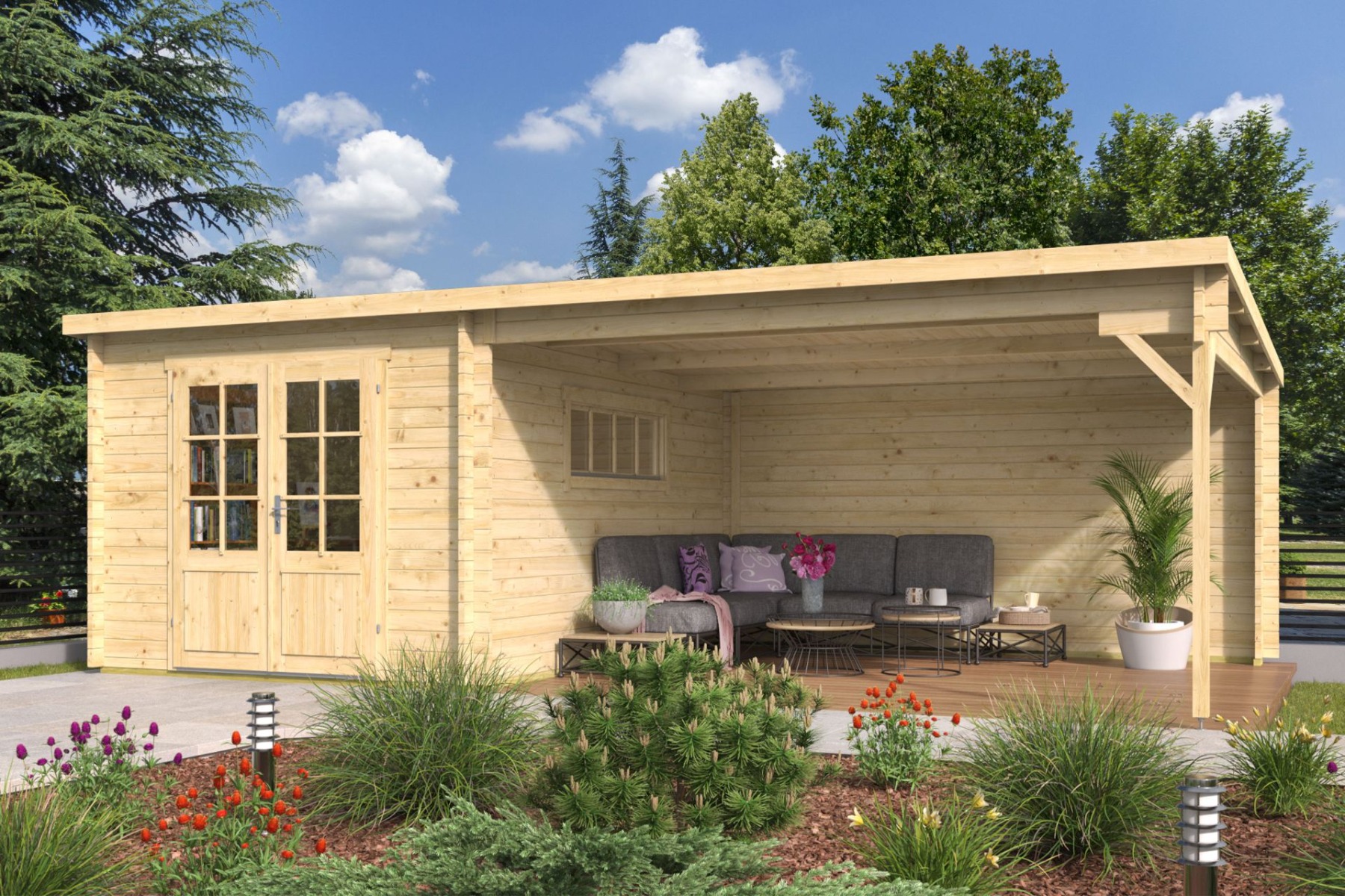 Tuindeco Anton Blokhut 300x400 cm + luifel 400 cm 40 mm vuren blank- Lessenaarsdak- Onbehandeld vurenhout- Tuindeco afbeelding