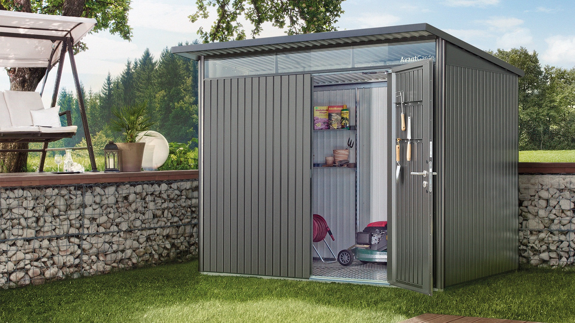 Biohort AvantGarde ECO A5 metalen berging 260x180x218 cm met enkele deur- Lessenaarsdak- Metaal- Biohort afbeelding