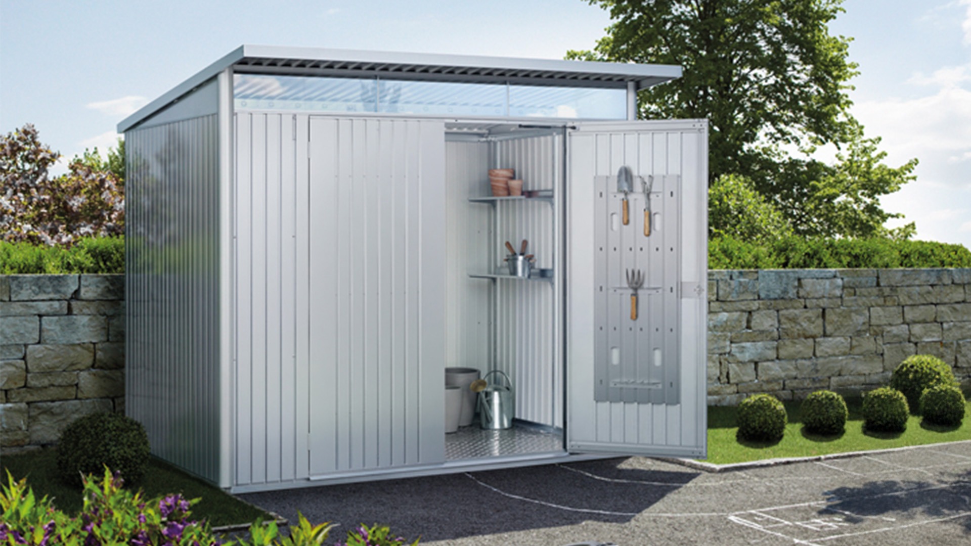 Biohort AvantGarde ECO A7 metalen berging 260x260x218 cm met dubbele deur- Lessenaarsdak- Metaal- Biohort