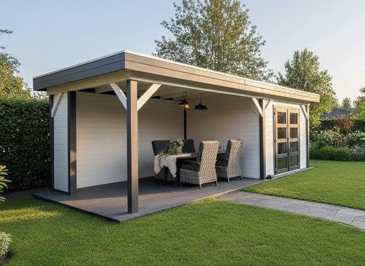 Blokhut Bosuil 300x300 cm + luifel 400 cm - antraciet en wit gecoat - incl. EPDM, aluminium daktrim en antraciet vlonder - Showmodel Hoofddorp- Plat dak- Gecoat vurenhout- Woodvision afbeelding