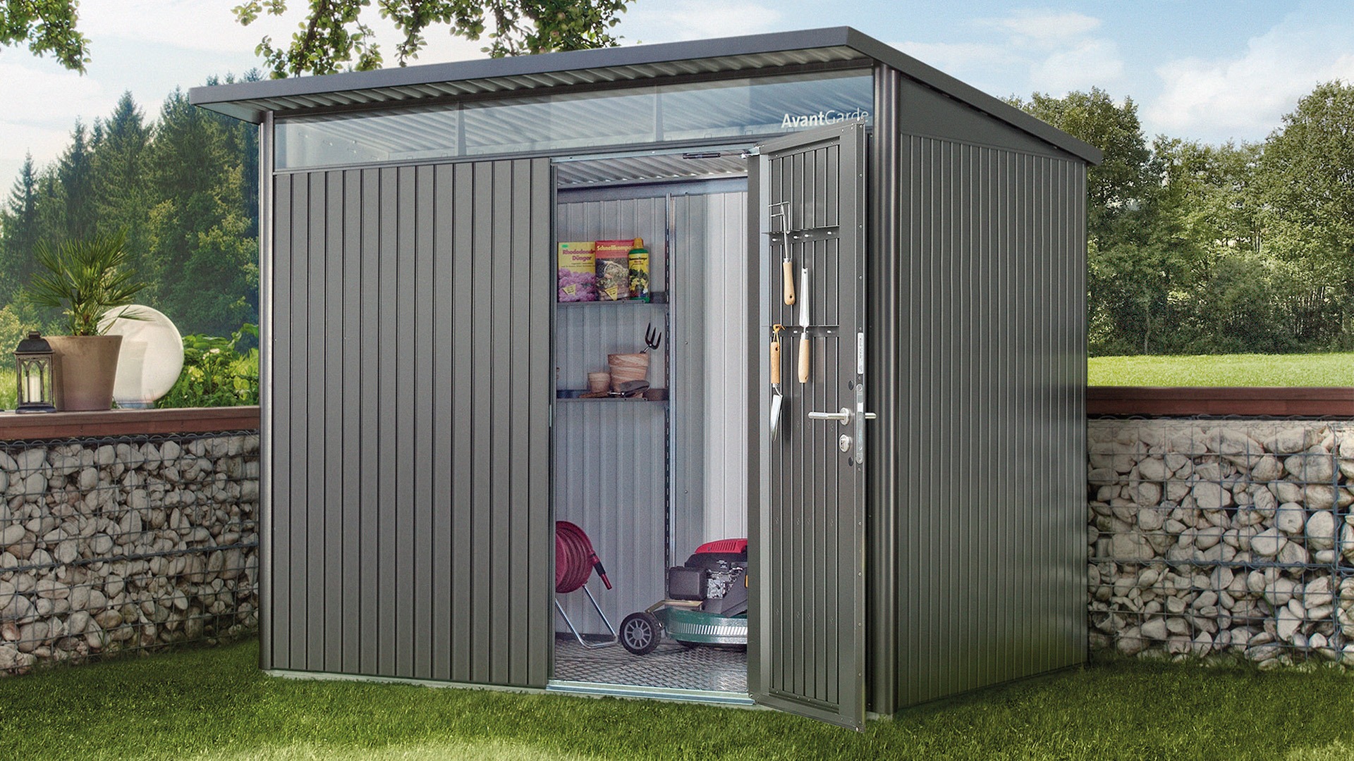 Biohort AvantGarde ECO A8 metalen berging 260x340x222 cm met enkele deur- Lessenaarsdak- Metaal- Biohort afbeelding