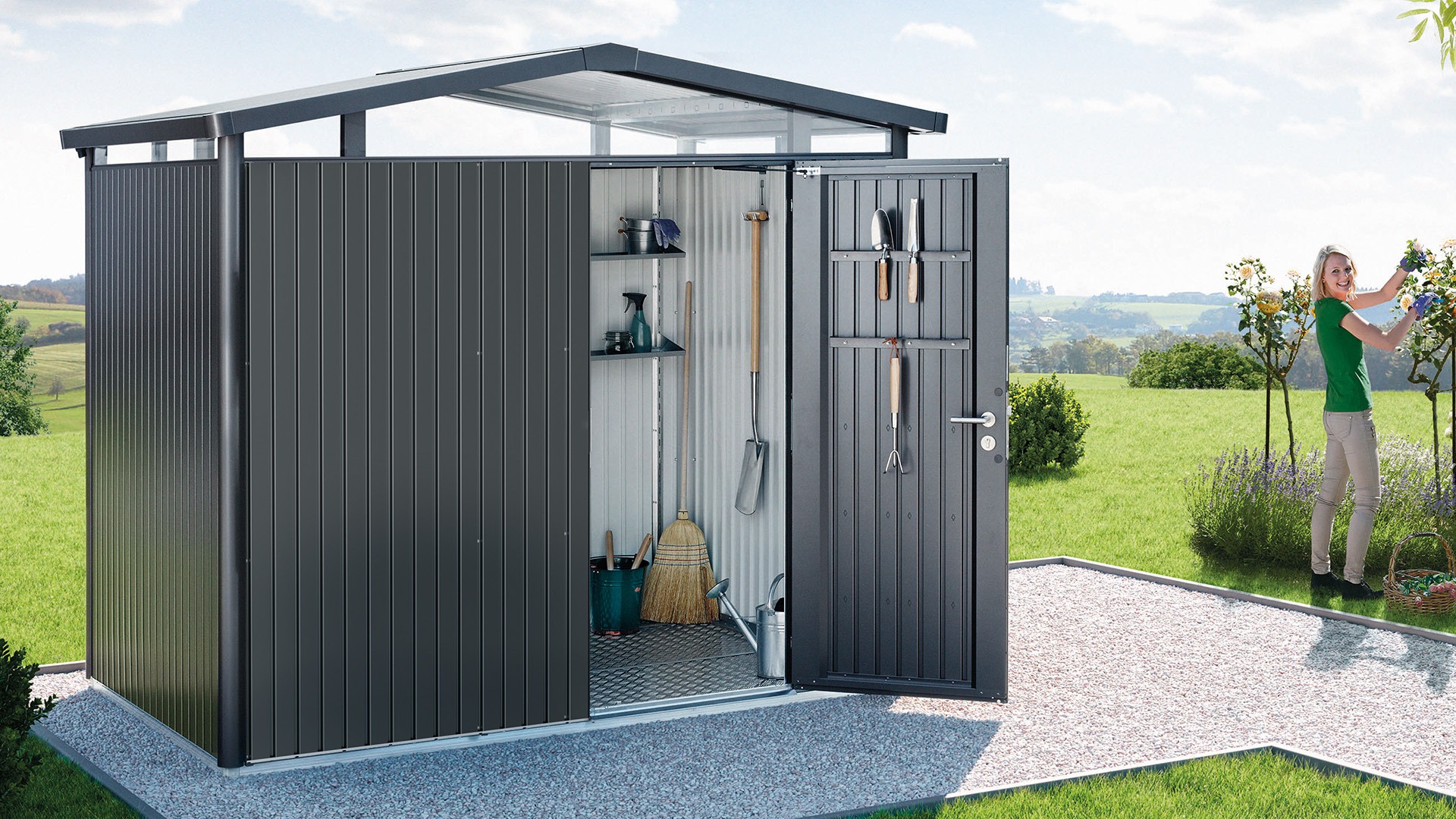 Biohort Panorama Gr. P2 metalen tuinhuis met standaard deur 273x198 cm kwartsgrijs metallic- Zadeldak- Staal- Biohort afbeelding