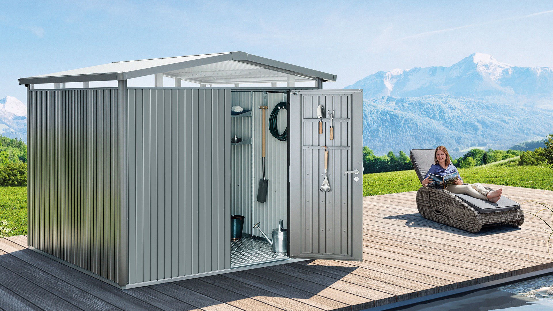 Biohort Panorama Gr. P3 metalen tuinhuis met standaard deur 237x238 cm donkergrijs metallic- Zadeldak- Staal- Biohort afbeelding