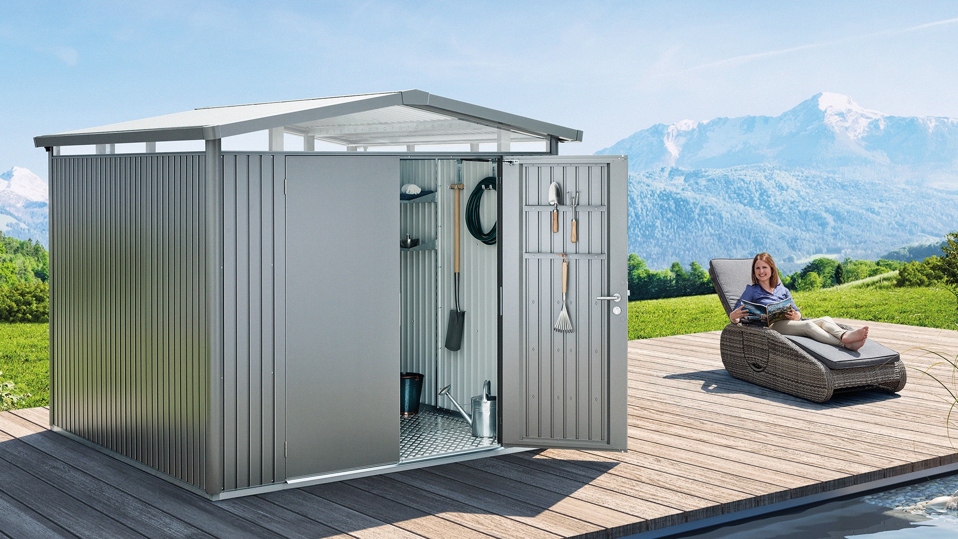 Biohort metalen tuinhuis Panorama Gr. P5 met dubbele deur 273x318 cm zilvergrijs metallic