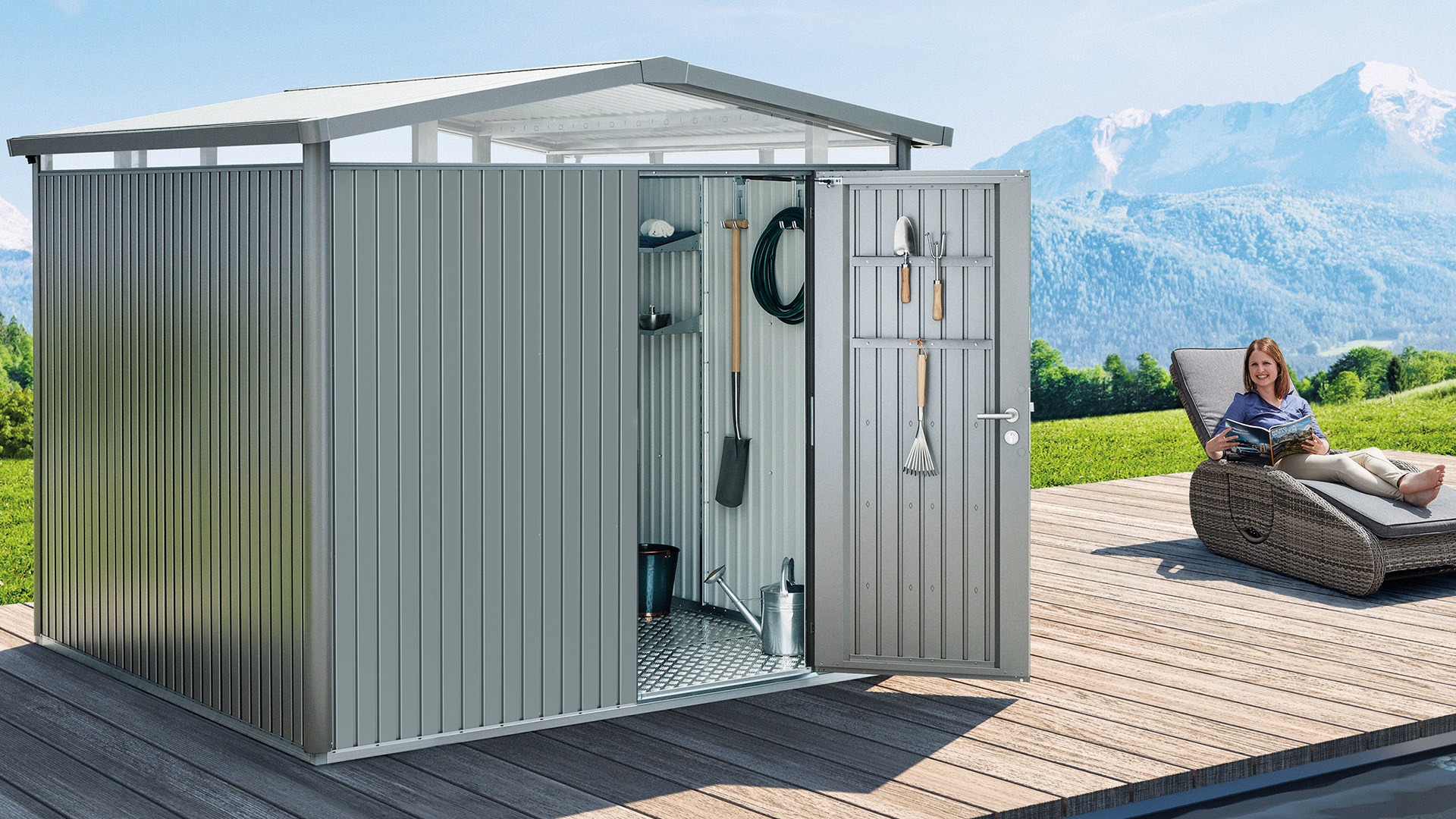 Biohort Panorama Gr. P4 metalen tuinhuis met standaard deur 273x278 cm zilvergrijs metallic- Zadeldak- Staal- Biohort afbeelding