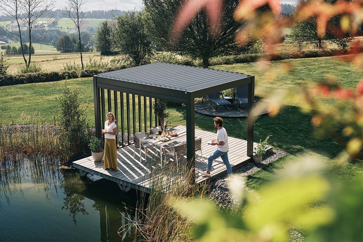 Pergola - Donkergrijs - Zilver Metallic Lamellen - 350x300 cm- - Aluminium- Biohort afbeelding