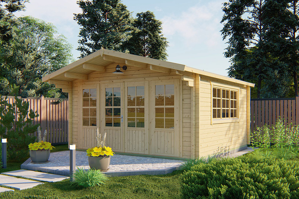 Blokhut Blackpool 440x340 cm + luifel 90 cm - grijs geïmpregneerd afbeelding