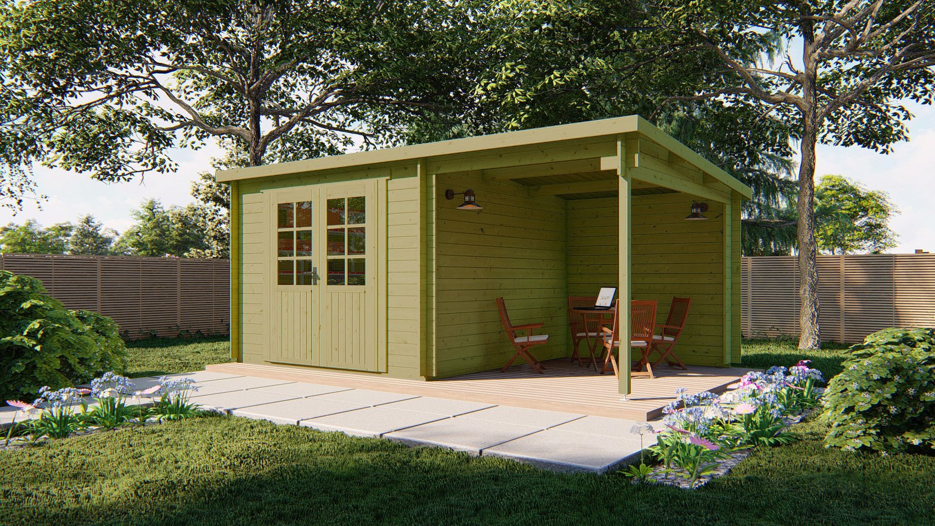 Blokhut Dora 300x300 cm + luifel 200 cm - Groen geïmpregneerd afbeelding