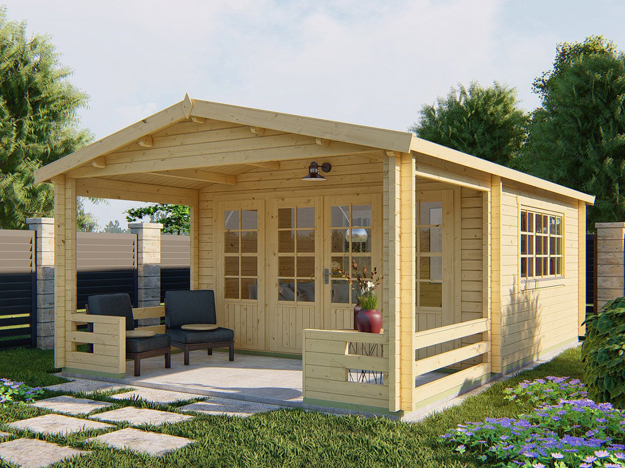 Blokhut Ipswich 440x440 cm + luifel 223 cm - Honing geïmpregneerd afbeelding