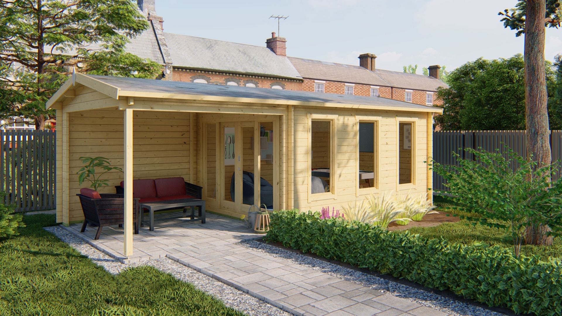Blokhut Skeg 420x340 cm + zijluifel 280 cm - Red class wood geïmpregneerd afbeelding