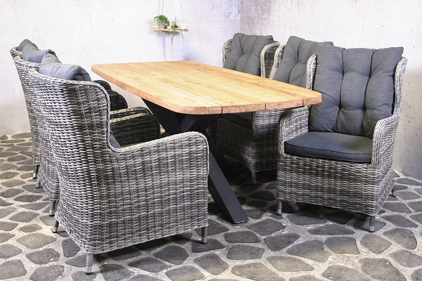 Tuinset Puerto - 6 wicker stoelen met teakhouten tafel - Showmodel Hoofddorp afbeelding