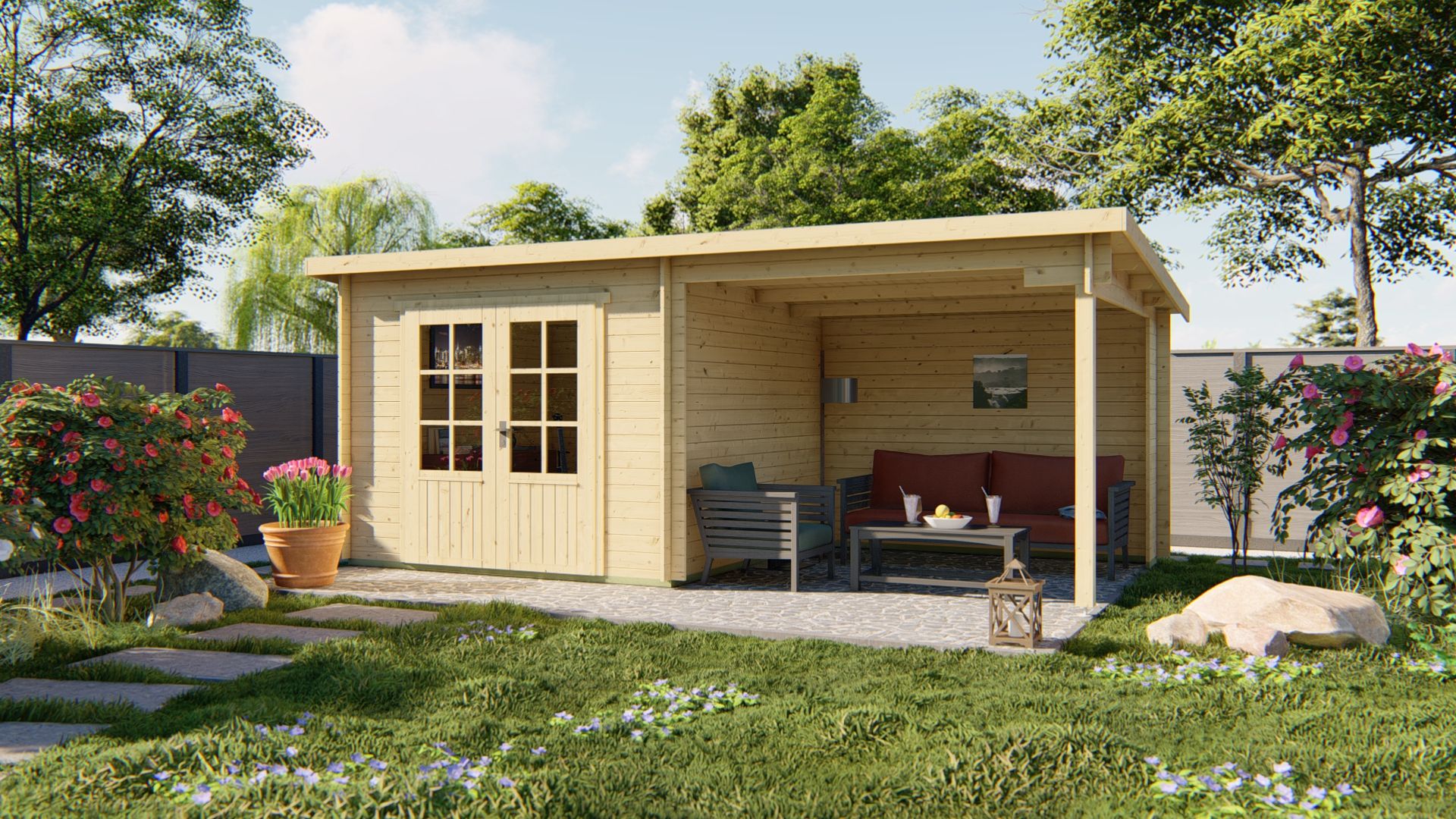 Blokhut Chappo 300x300 cm + luifel 298 cm - Red class wood geïmpregneerd afbeelding