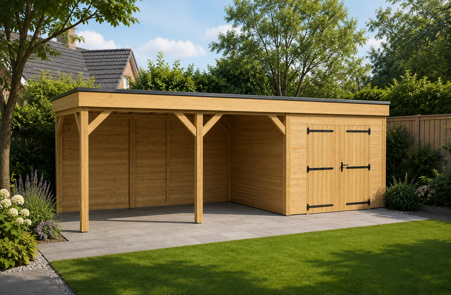 Overkapping Novo 370x300 cm + berging 300x300 cm Douglas (incl. EPDM, excl. glasschuifwanden)