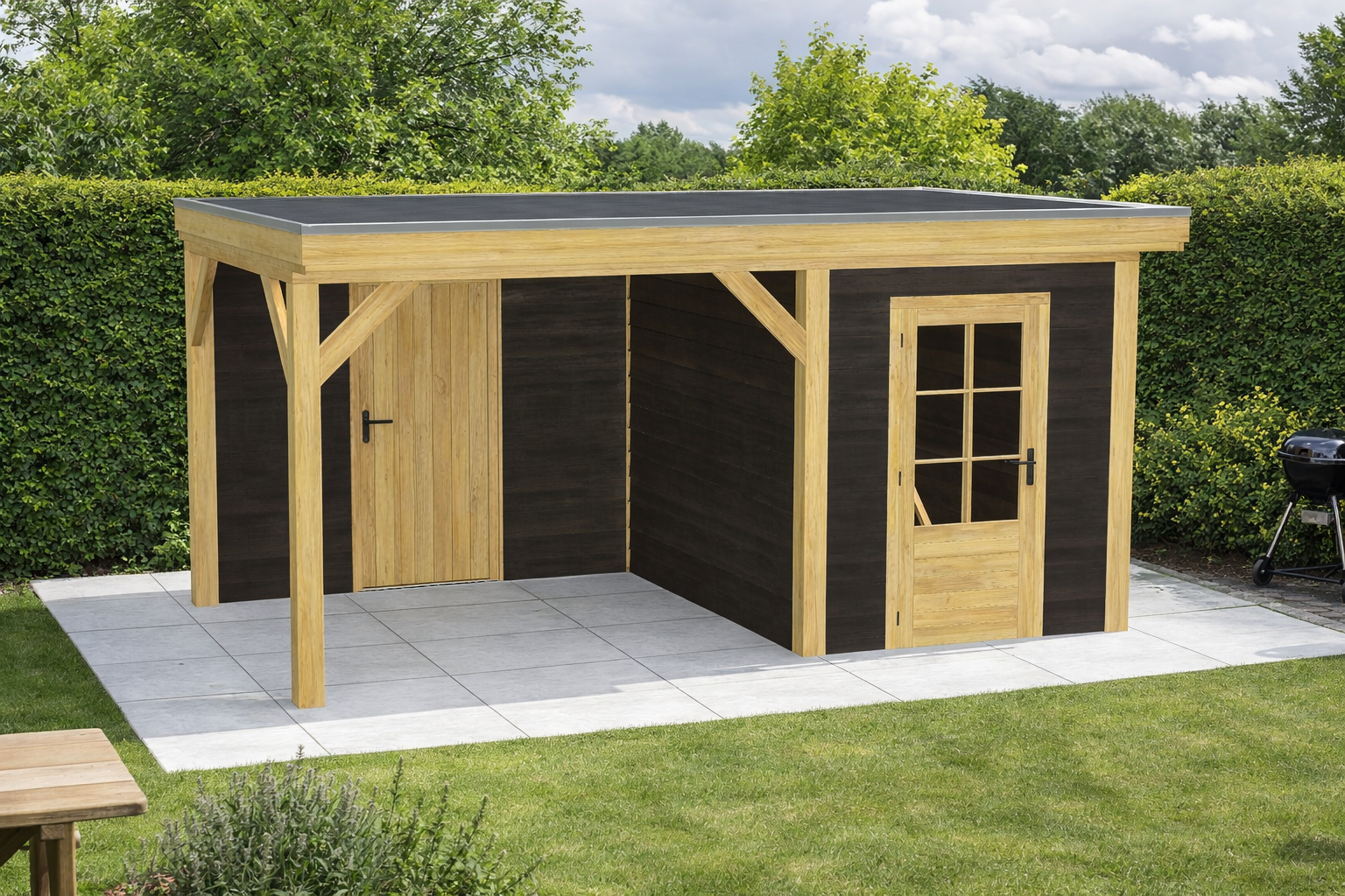 Blokhut Sittard 200x270 cm met overkapping 300x270 cm Douglas blank met vuren rabat wanden zwart (Incl. EPDM)- - - Van Kooten