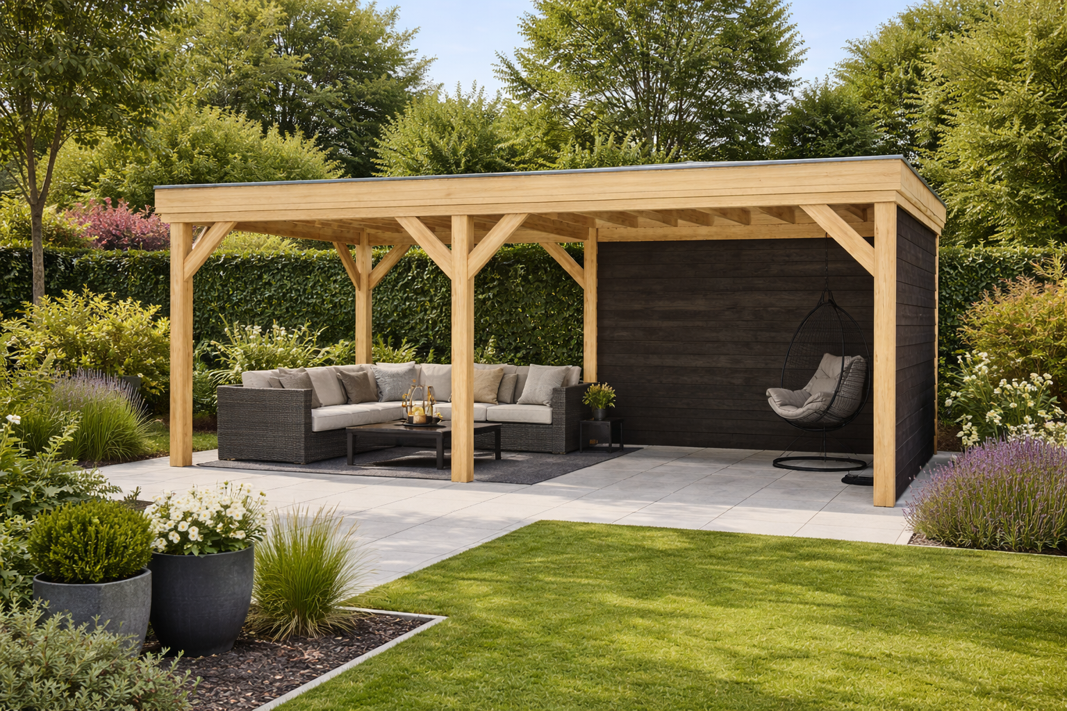 Overkapping Novo 600x350 cm Douglas met vuren rabat wanden (Incl. EPDM)