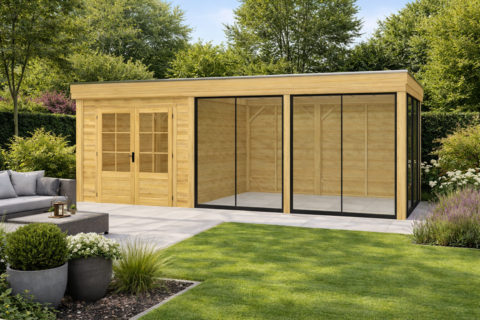 Blokhut Novo 300x300 cm + overkapping 500x300 cm Douglas met vuren rabat wanden (Incl. EPDM)