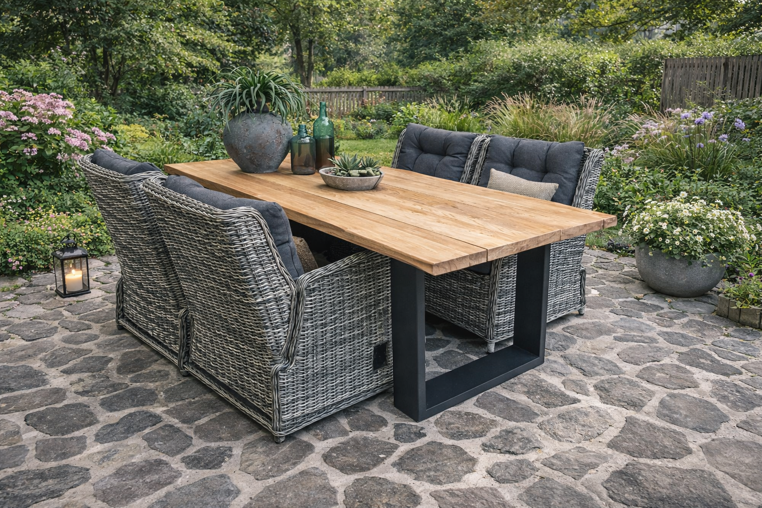 SenS-Line Vinos tuinset 4 verstelbare wicker stoelen met teakhouten tafel - Showmodel Wommelgem- - Steigerhout,Teak,Wicker- Sens-Line afbeelding 1