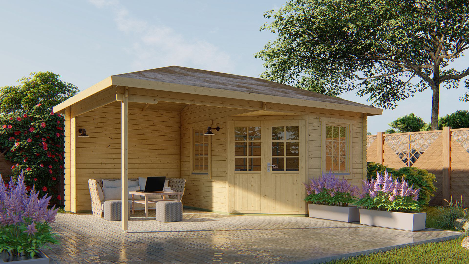 Blokhut Christoffer 300x350 cm + luifel 275 cm - Honing geïmpregneerd afbeelding