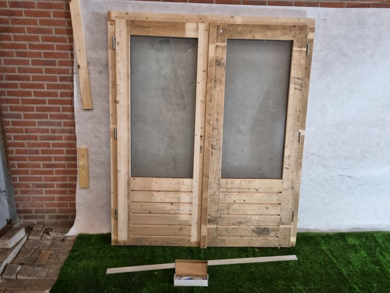 Dubbele vurenhouten blanke deur – met dubbel glas en kozijn (201 x 168 cm) - SALE25063 Dubbele vurenhouten blanke deur – met dubbel glas en kozijn (201 x 168 cm) - SALE25063