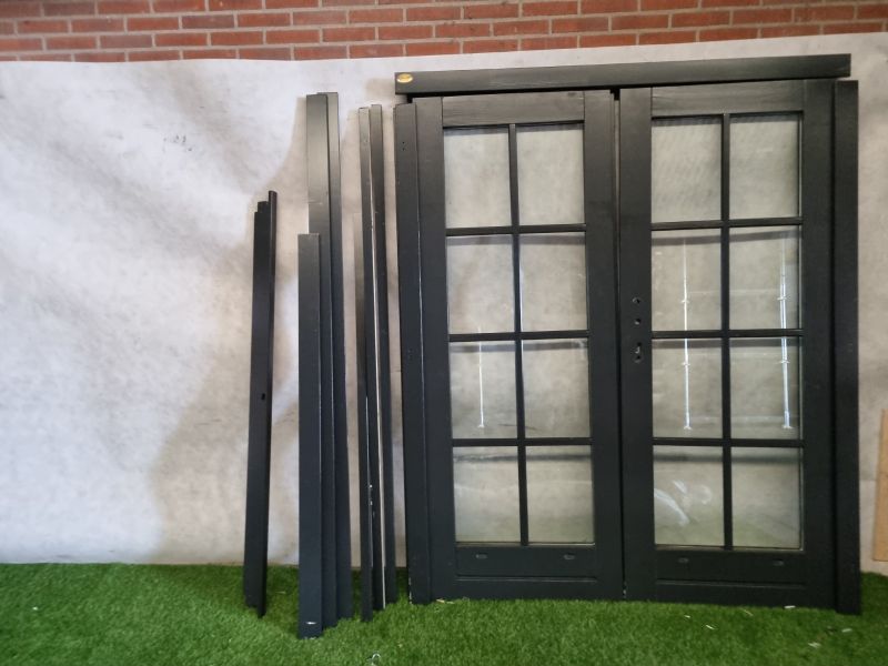 Dubbele vurenhouten deur – antraciet gespoten, met kozijn en koplatten, excl. hang- en sluitwerk (163,5 x 198,5 cm) - SALE25122 Dubbele vurenhouten deur – antraciet gespoten, met kozijn en koplatten, excl. hang- en sluitwerk (163,5 x 198,5 cm) - SALE25122