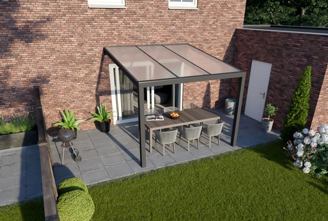 Greenline veranda 201x355 cm - antraciet structuur - 2 staanders - heldere beplating - incl. 3-delig antraciet glasschuifsysteem 180x220 cm - SALE02044 Greenline veranda 201x355 cm - antraciet structuur - 2 staanders - heldere beplating - incl. 3-delig antraciet glasschuifsysteem 180x220 cm - SALE02044