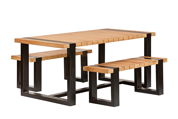 Tuinset Wellington Teak met zwart staal | tafel + 2 banken Tuinset Wellington Teak met zwart staal | tafel + 2 banken