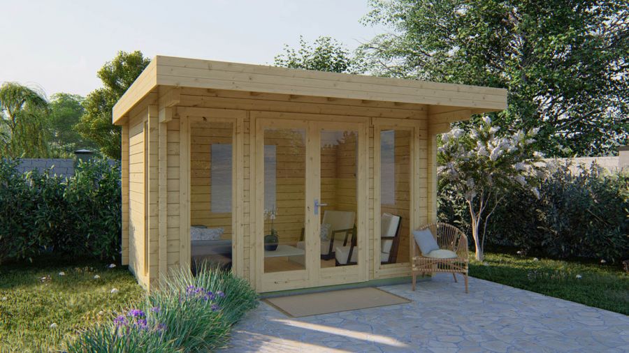 Blokhut Whitegate 400x280 cm + luifel 120 cm - Red Class Wood geïmpregneerd Blokhut Whitegate 400x280 cm + luifel 120 cm - Red Class Wood geïmpregneerd