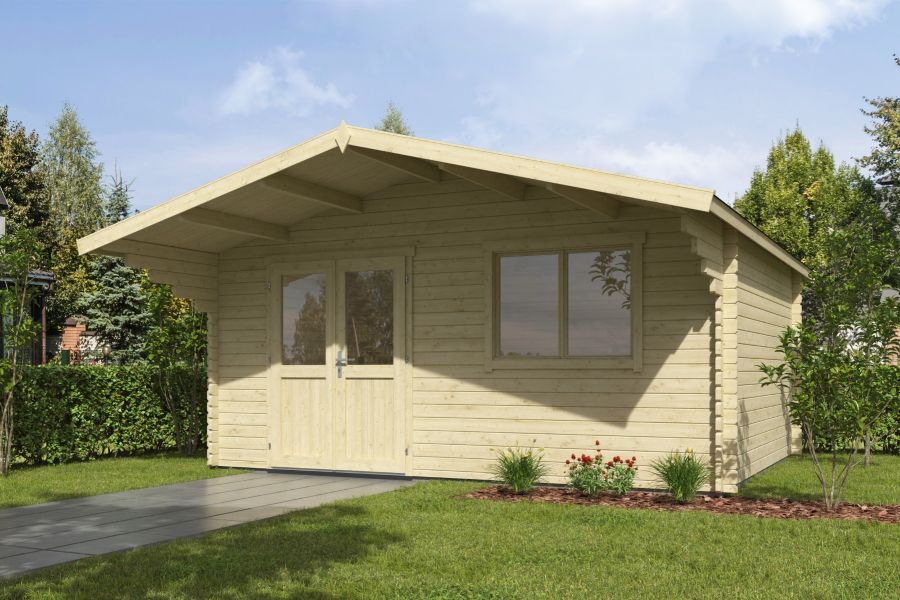 Blokhut Floor 505x410 cm + luifel 150 cm 40 mm vuren blank Blokhut Floor 505x410 cm + luifel 150 cm 40 mm vuren blank