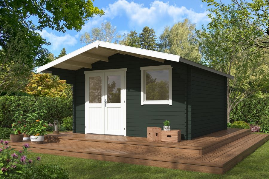 Blokhut Floor 410x410 cm + luifel 130 cm 40 mm vuren groengrijs-wit geverfd