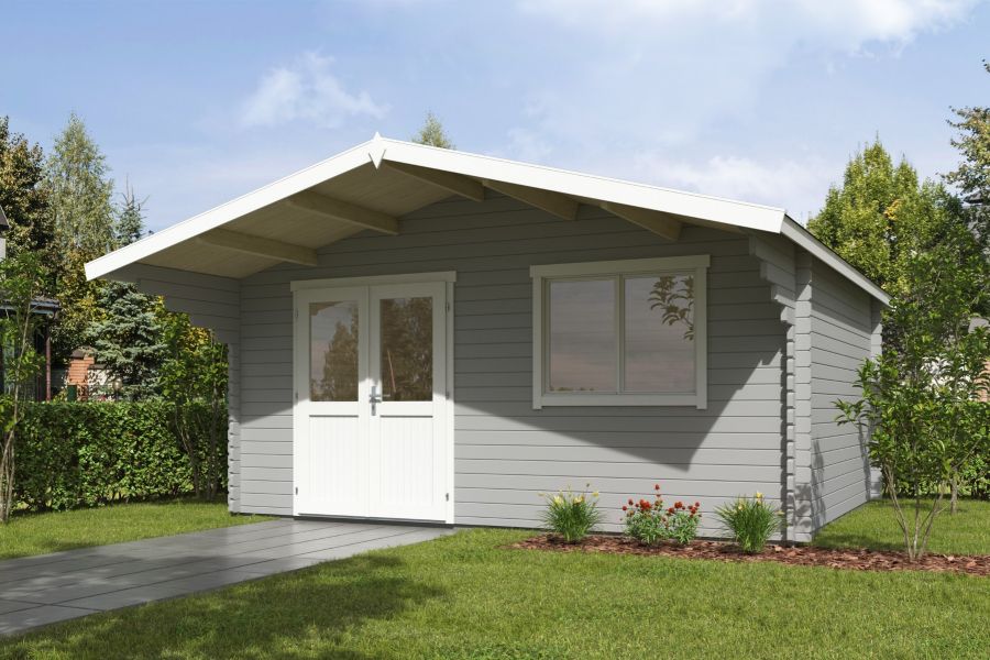 Blokhut Floor 505x410 cm + luifel 150 cm 40 mm vuren lichtgrijs-wit geverfd