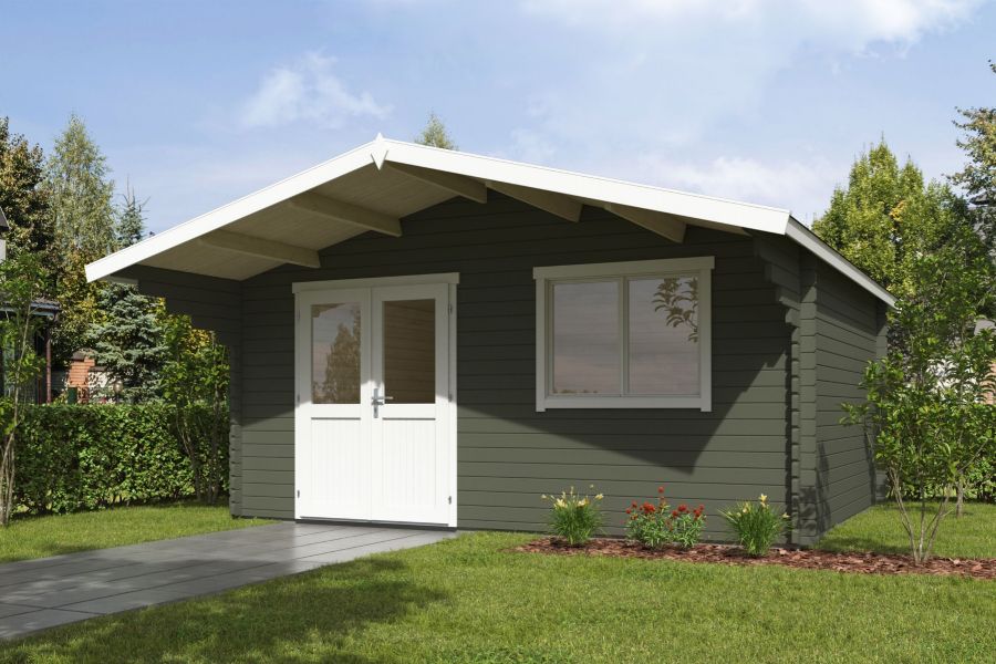 Blokhut Floor 505x410 cm + luifel 150 cm 40 mm vuren groengrijs-wit geverfd Blokhut Floor 505x410 cm + luifel 150 cm 40 mm vuren groengrijs-wit geverfd