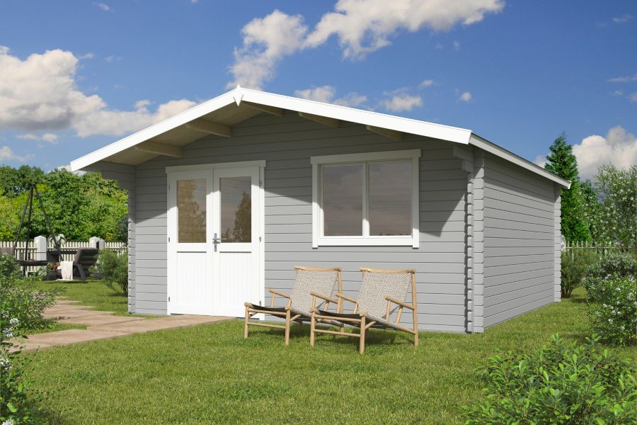 Blokhut Floor 505x505 cm + luifel 90 cm 40 mm vuren lichtgrijs-wit geverfd