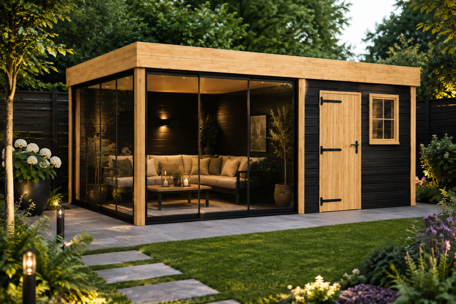 Buitenverblijf Novo 300x400 cm + overkapping 300 cm incl. glasschuifwanden (incl. EPDM) Buitenverblijf Novo 300x400 cm + overkapping 300 cm incl. glasschuifwanden (incl. EPDM)