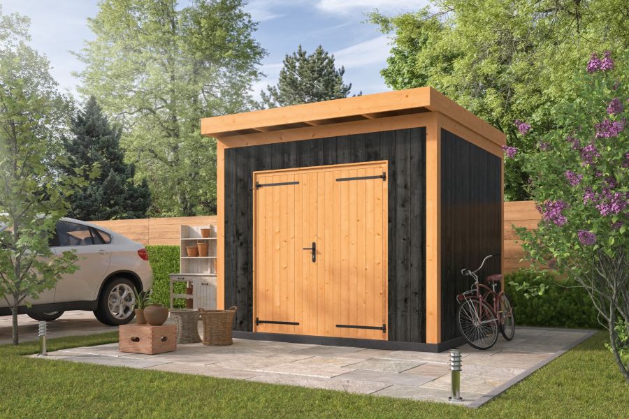 Berging Almelo 300x300 cm incl. dubbele deur, verticale wanden zwart geïmpregneerd - Bouwpakket Berging Almelo 300x300 cm incl. dubbele deur, verticale wanden zwart geïmpregneerd - Bouwpakket