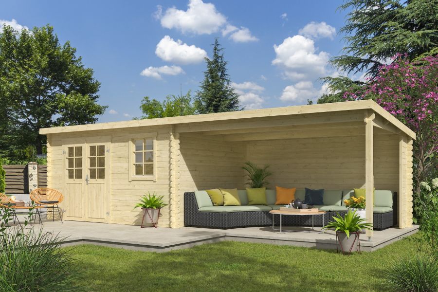 Outdoor Life Aida Blokhut 400x295 cm + overkapping 390 cm vuren blank Outdoor Life Aida Blokhut 400x295 cm + overkapping 390 cm vuren blank