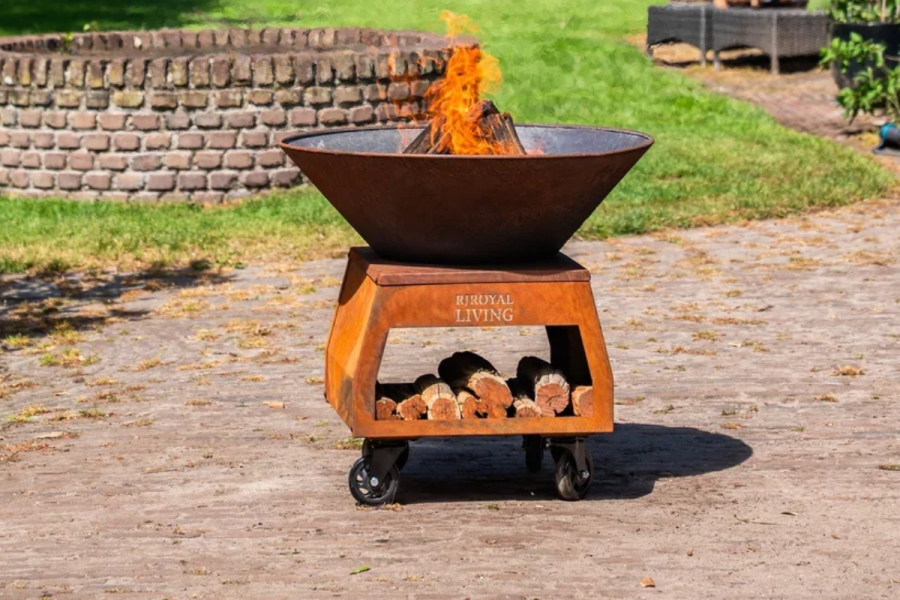 BBQ Plancha Grill Brasero Vuurschaal Cortenstaal met grote wielen en houtopslag Ø75cm BBQ Plancha Grill Brasero Vuurschaal Cortenstaal met grote wielen en houtopslag Ø75cm