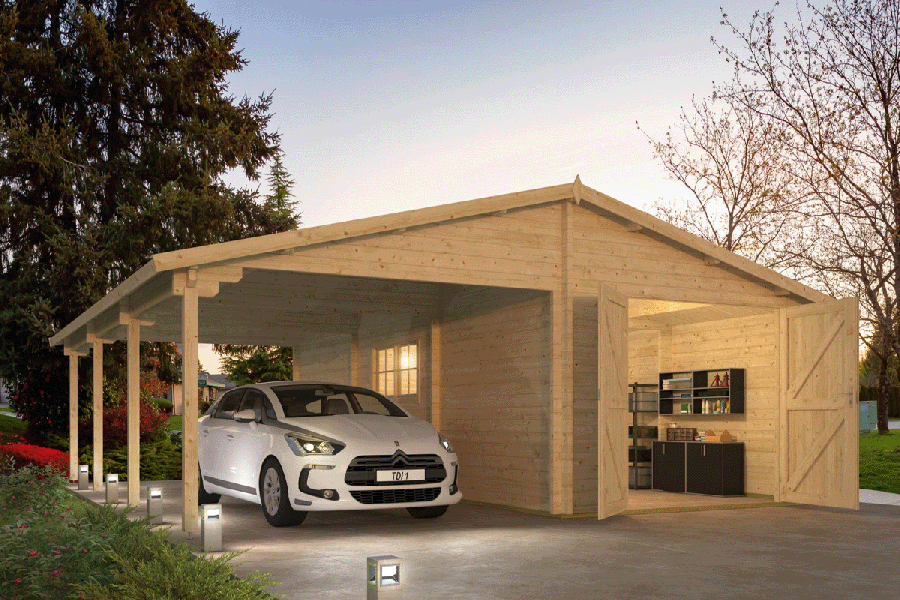 Garage/Carport Berggren 396+369x830 cm - Bruin geïmpregneerd Garage/Carport Berggren 396+369x830 cm - Bruin geïmpregneerd