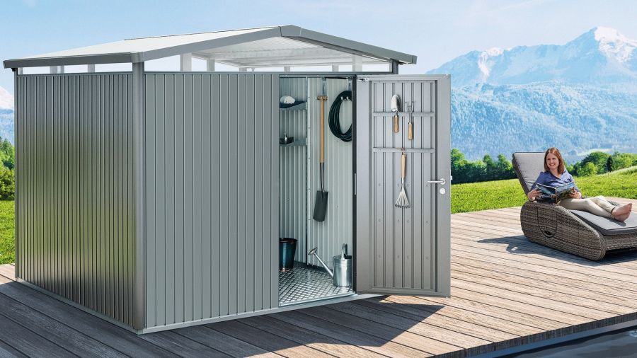 Biohort Panorama Gr. P4 metalen tuinhuis met standaard deur 273x278 cm zilvergrijs metallic Biohort Panorama Gr. P4 metalen tuinhuis met standaard deur 273x278 cm zilvergrijs metallic